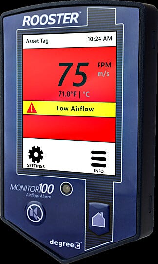 Color touchscreen display of the Rooster Monitor100 showing airflow measurement, temperature, and low airflow alarm  |  6704-65A displayed