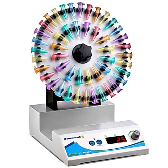 Rotating Mixer by Benchmark Scientific features an alternating-reverse mode for vigorous mixing applications; accepts 12 x 50 ml, 20 x 15ml or 48 x 2.0ml tubes  |  2808-03 displayed