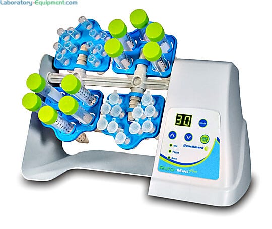 Roto-Mini Plus Variable Speed Rotators by Benchmark Scientific with a 5-70 rpm speed, mix, pause and rock functions; 115V and 230V models with 4 tube holders
