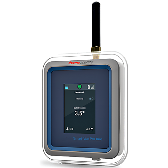 915MHz Smart-Vue Pro Duo Remote Monitoring System by Thermo Fisher Scientific with two sensor channels monitors multiple equipment simultaneously; SVPHWRMOD012 | 1620-97 displayed