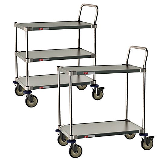 All stainless steel Grade A pharma cleanroom and lab carts withstand regular cleaning and sterilization; two sizes with 2- or 3-shelf configurations  |  1403-PP-06 displayed