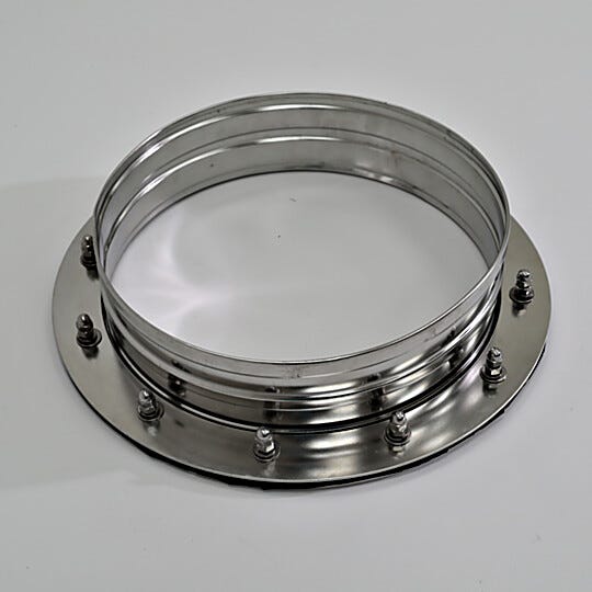 Exterior of 304 stainless steel glove port; 12" diameter round, with neoprene gaskets | 1672-08-2 displayed