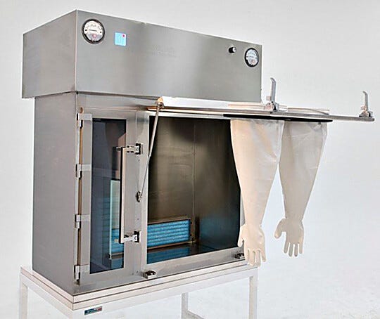 Stainless Steel Compounding Aseptic Isolator shown with open tilt-up viewing window | 2900-56B displayed