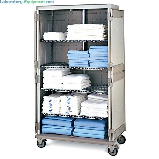 Antimicrobial Double-wide tall mobile cart with quikSLOT inserts for storage of medical linens | 1306-81 displayed