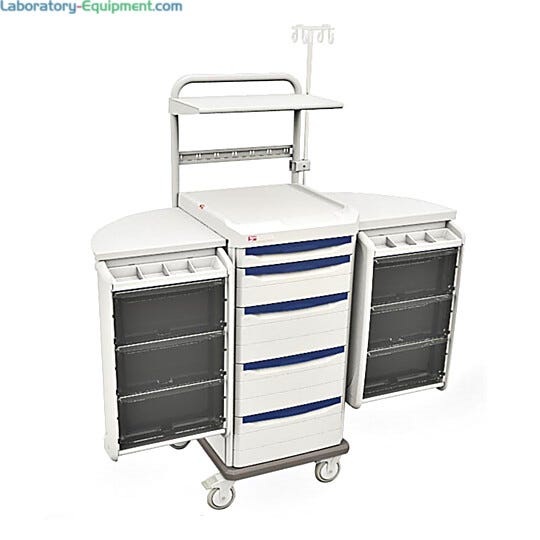Antimicrobial biomedical cart by Intermetro with right and left swingout pods with drawers and dividers | 1306-86 displayed