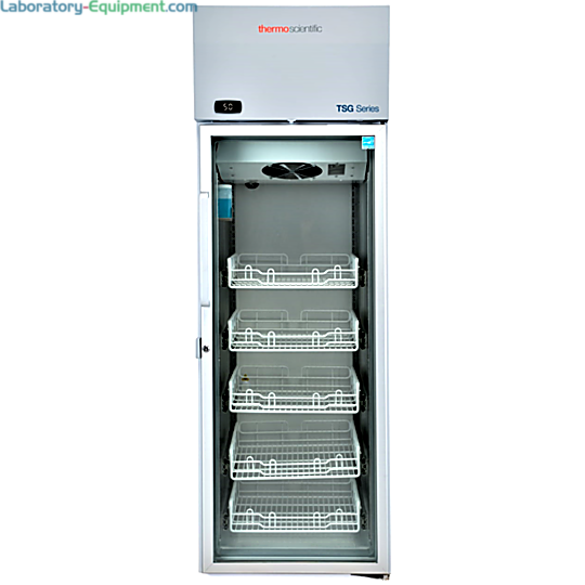 NSF 456 Compliant TSG1205PA Pharmacy Glass Door Refrigerator by Thermo Scientific designed for vaccine storage with a 2–8°C temperature range and a 5°C setpoint  |  1621-60 displayed