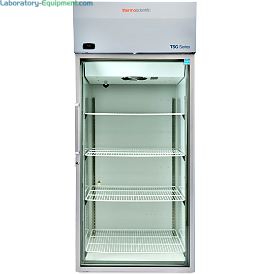 Energy-efficient 29.2 cu. ft. TSG3005GA Glass Door Lab Refrigerator by Thermo Fisher Scientific with a 2–8°C temperature range includes casters and shelves