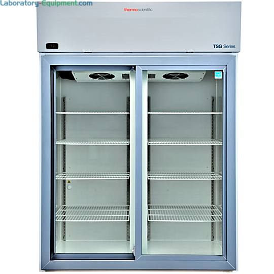 Energy-efficient 45.8 cu. ft. TSG4505GA Sliding Glass Doors Lab Refrigerator by Thermo Fisher Scientific with a 2–8°C range includes 4 casters and 8 shelves