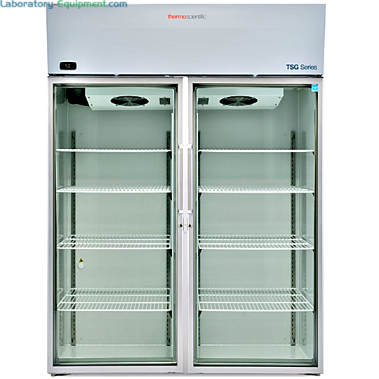Energy-efficient 51.1 cu. ft. TSG5005GA Glass Door Lab Refrigerator by Thermo Fisher Scientific with a 2–8°C temperature range includes 4 casters and 8 shelves