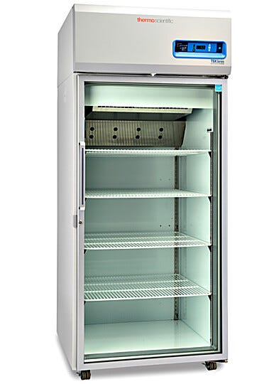 Single-glass door 827L TSX High-Performance Refrigerator by Thermo Fisher Scientific includes 4 shelves and casters; GMP Clean Room Class A/ISO 6 compatible | 1621-09 displayed