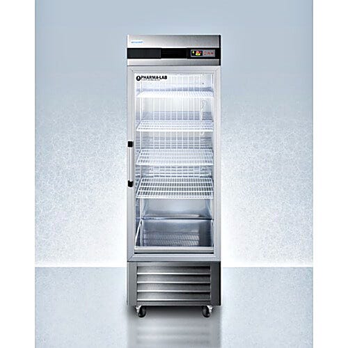 A 23 cu. ft. upright single glass door pharmacy refrigerator with a digital LED readout, by Accucold  |  1622-26 displayed