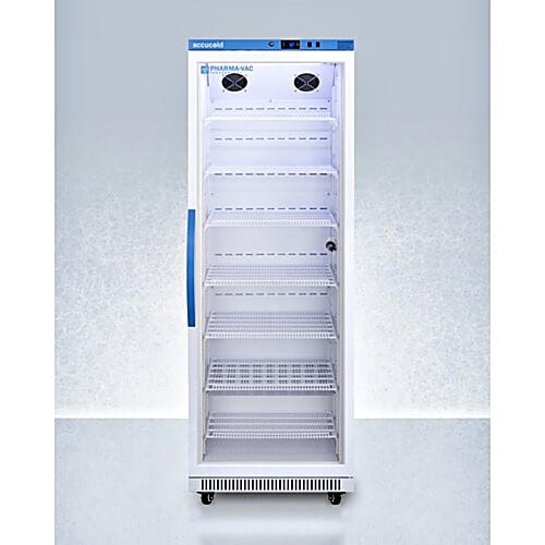 An 18 cu. ft. upright single glass door vaccine refrigerator with a digital LED readout, by Accucold  |  1622-24 displayed