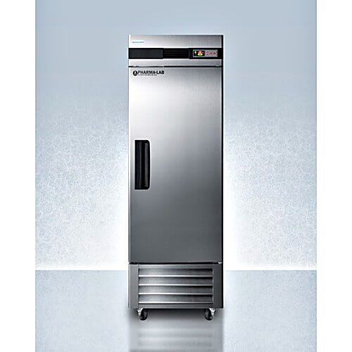 A 23 cu. ft. upright single solid stainless steel pharmacy freezer with a digital LED readout, by Accucold  |  1622-17 displayed