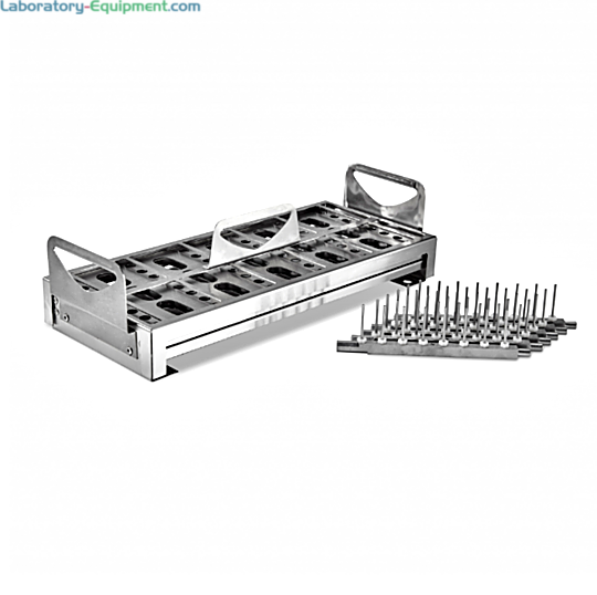 Labconco 304 stainless steel 12 x 32 mm Vial Insert #4574400 holds 48 vials and includes retainer lid with handle, support holder and six spindle arms  |  6927-54 displayed