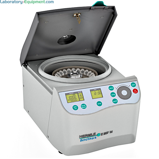 Compact 11 inch Hermle Z207-M Microcentrifuge features an EZ-Scroll touch pad and a maximum speed of 13,500 rpm; rotor options for 1.5 and 2.0 ml tubes  |  2823-PP-15 displayed