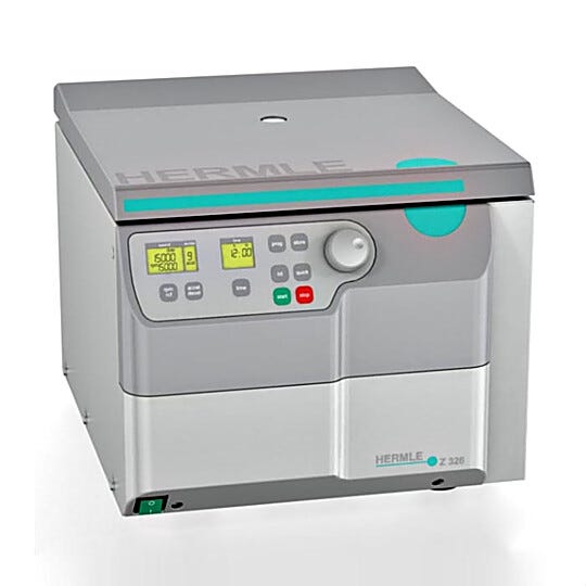 Compact lab centrifuge has 18 rotor options (order separately) and built-in safety features. Hermle’s Z326 is air-cooled, stores up to 99 programs  |  2823-61 displayed