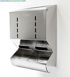 Stainless Steel Wall Mounted 2 Chamber Glove Dispenser with Catch Tray  |  4951-38-2-316 displayed