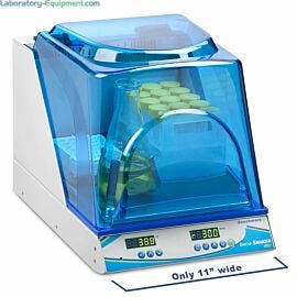 Benchmark Scientific’s Incu-Shaker™ Mini measures only 11" wide and can fit two 1L Erlenmeyer flasks (requires flask clamps)  |  2823-PP-12 displayed