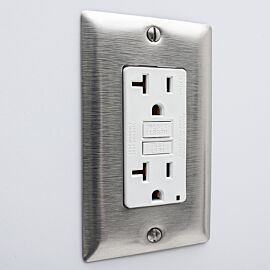 GFCI duplex power outlet with stainless steel cover and quick-connect plug  |  6704-33A displayed