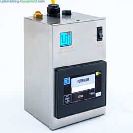 Filter alarm enclosure with PLC features a digital touchscreen display, buzzer bypass switch, and conduit fittings for complete filter status monitoring | 2625-54C-SS displayed