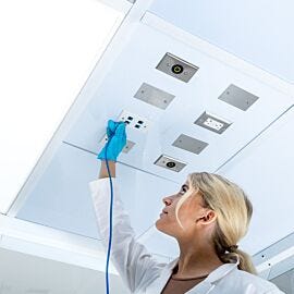 Keep utilities overhead and work areas clear with a 2'×2' polypropylene utility ceiling panel with eight configurable, covered ports  |  6706-09 displayed