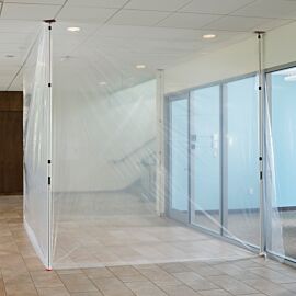 Spring-loaded ZipWall poles with clear plastic sheeting create effective dust containment barriers to protect clean areas and sensitive equipment  |  6603-98 displayed