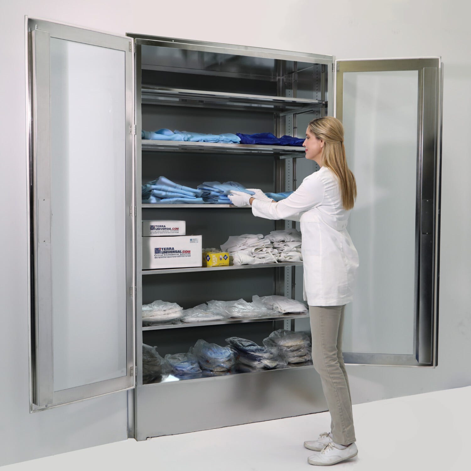 Lab Recess Storage Cabinet; Wall Mounted, Recessed, 304 SS, 2 Doors, 48