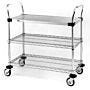 Stainless steel and Chrome Plated Utility Carts by InterMetro includes two wire and one solid steel shelf, handles and four casters  |  1401-54 displayed