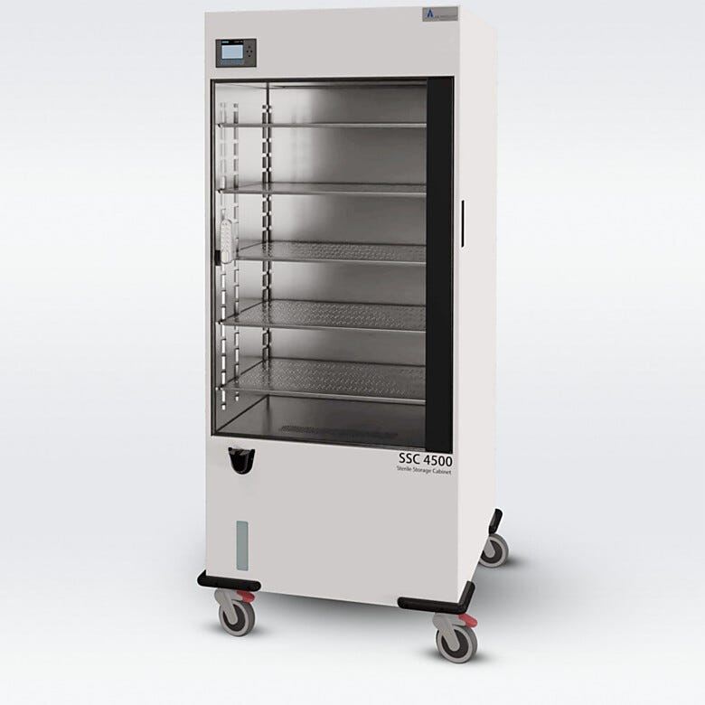 Large sterile storage cabinet with five shelves included for storing sterile medical equipment in a clean air, controlled environment | 3947-00 displayed