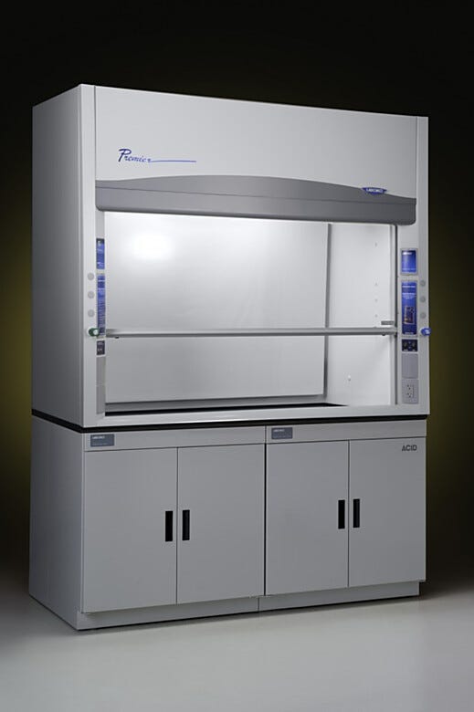 Eight foot Protector Premier laboratory fume hoods by Labconco shown with optional storage cabinets | 3649-36 displayed