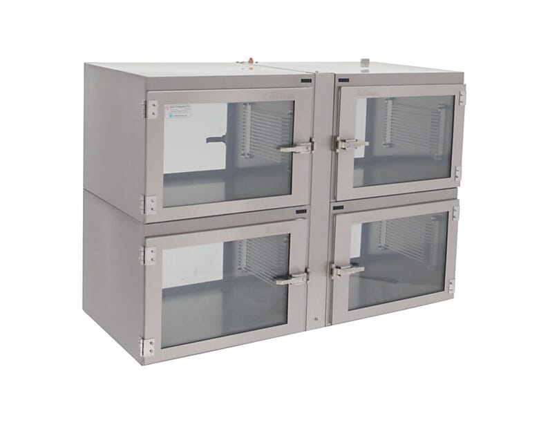 Series 400 two tier, four chamber Dual-side access Stainless Steel Desiccator Cabinet shown without shelf.  |  1609-10BNP displayed
