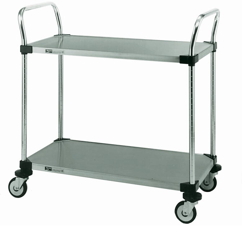 Metro MW100 series utility cart features two solid stainless steel shelves practical for transporting materials requiring an expanse of flat surface | 1302-PP-01 displayed