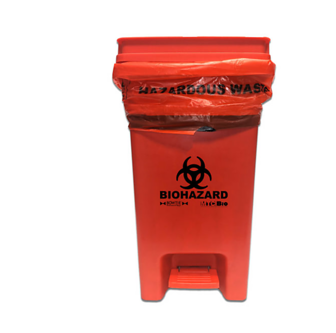 13-Gallon Biohazard Bin by MTC Bio with a touchless operated lid for quick disposal of hazardous waste compatible with BowTie Biohazard Bag; A8000B | 5705-95 displayed