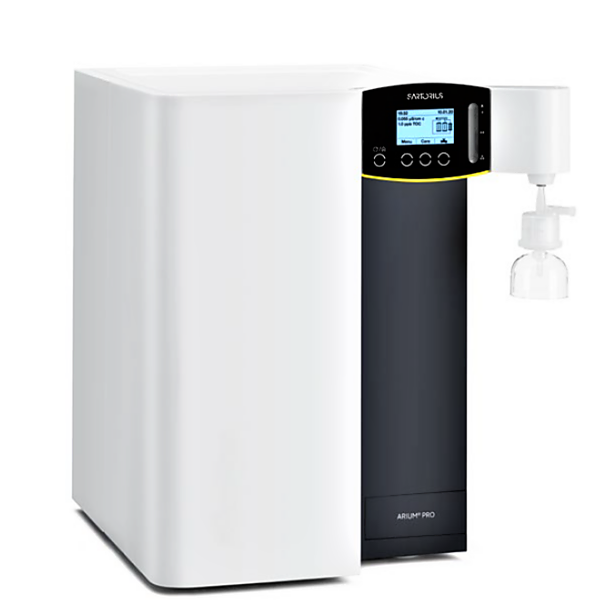 Benchtop Arium Pro Ultrapure Water System by Sartorius with touchscreen display exceeds ASTM Type 1 water quality standards;UF | 1017-38 displayed