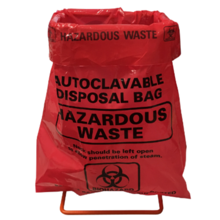 Economical Benchtop Disposal Set includes a metal stand and 400 Red Autoclave Biohazard Bags by MTC Bio, A9004-SK