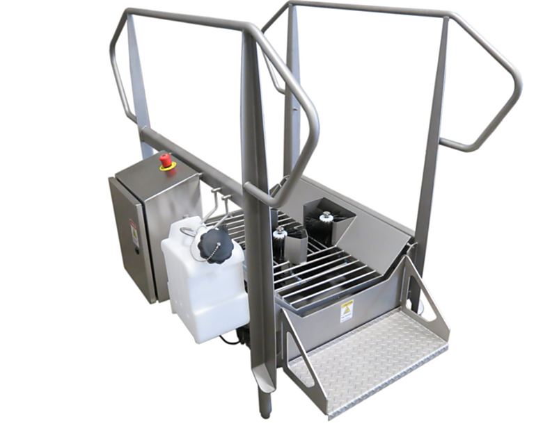 Stainless steel BSX800V Compact Walk Through Dual Wet Boot Scrubber with vertical side brushes in 3