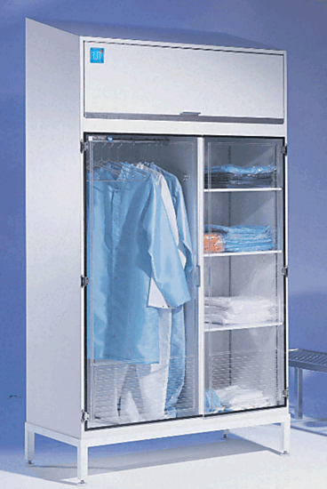 Cleanroom Storage Cabinet for Supply Garments shown with props  |  4101-18D-220 displayed