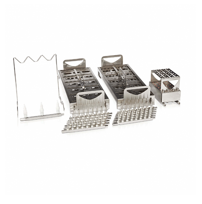 Analytical Lab Kit for FlaskScrubber includes: 15x45 mm and 12x32 mm vial and 24-place pipette inserts, a graduated cylinder insert and an upper spindle rack  |  6921-91 displayed
