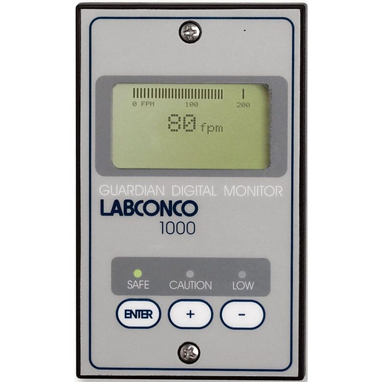 Labconco Guardian 1000 Digital Airflow Monitor with Epoxy-Coated Steel Housing and an LCD display for Protector hoods manufactured from 2002 to 2012 #9743211  |  3646-94 displayed