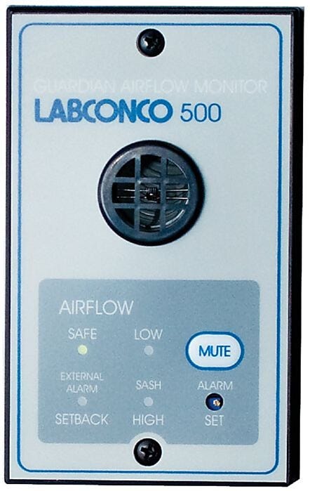 115V and 230V Guardian 500 Airflow Monitor by Labconco factory-prepared cutout on upper portion of Protector and Xstream Hoods; #9723213 and #9743214  |  3646-56 displayed