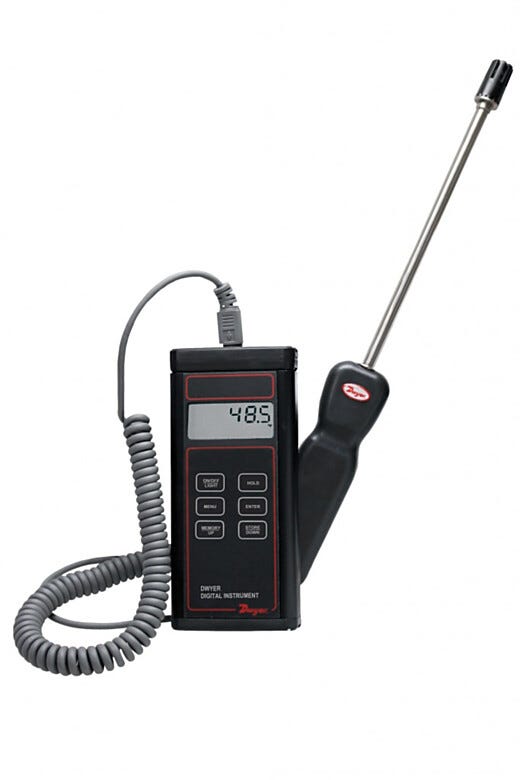Hand-held Digital Hygrometer, measures % RH from 0-100% and temperature in °F or °C; calculates dew point and wet bulb temperature based on RH and temp readings | 3643-58 displayed