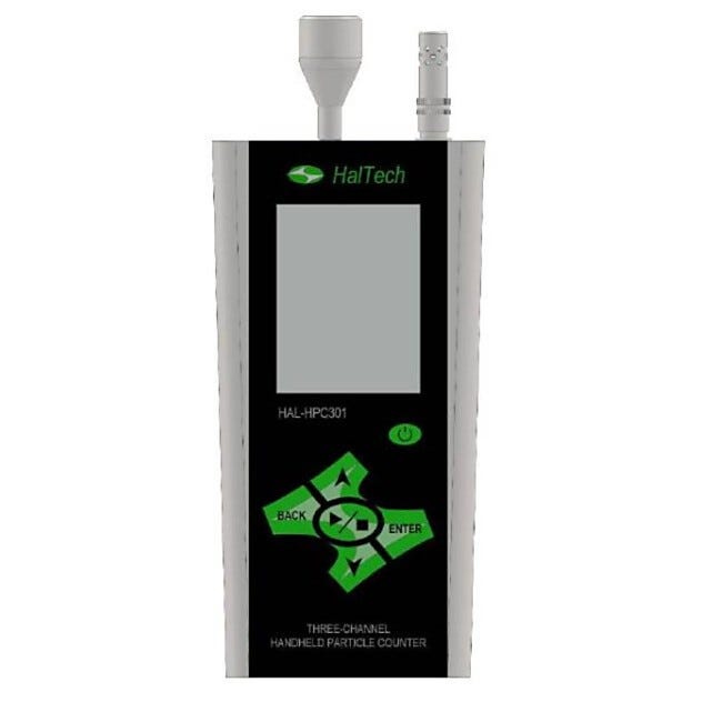 HPC301 3-Channel Handheld Laser Air Particle Counter simultaneously measures 3 user-configured particle sizes; accessories sold separately  |  1510-31A displayed