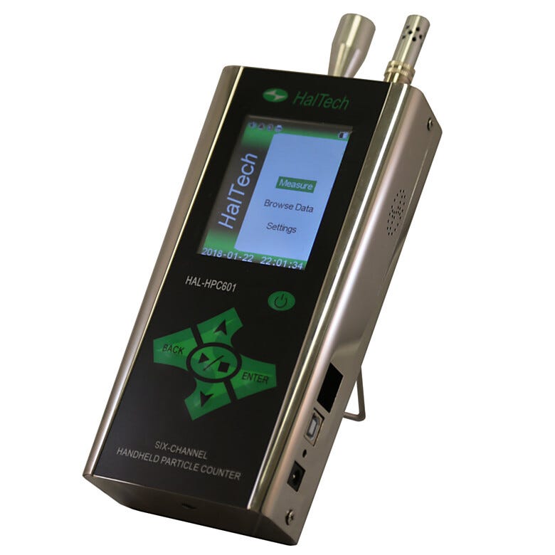 HPC601 6-Channel Handheld Laser Air Particle Counter simultaneously measures 6 user-configured particle sizes; accessories sold separately  |  1510-30A displayed