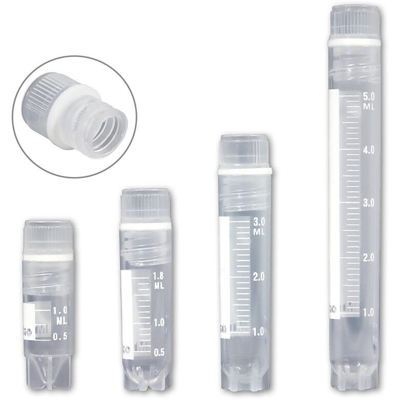 Self-standing internally threaded cryogenic vial with printed graduations and marking area
