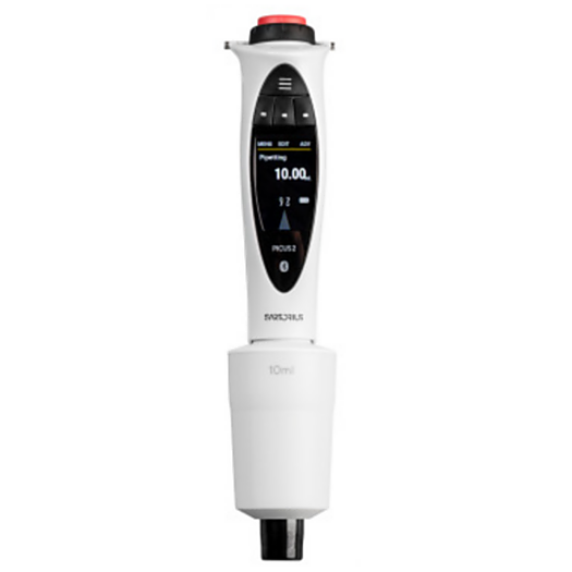 Single-channel LH-747111 Picus 2 Electronic Pipette by Sartorius with a 500-10,000 μl volume range, an adjustment wheel, safety features and connectivity