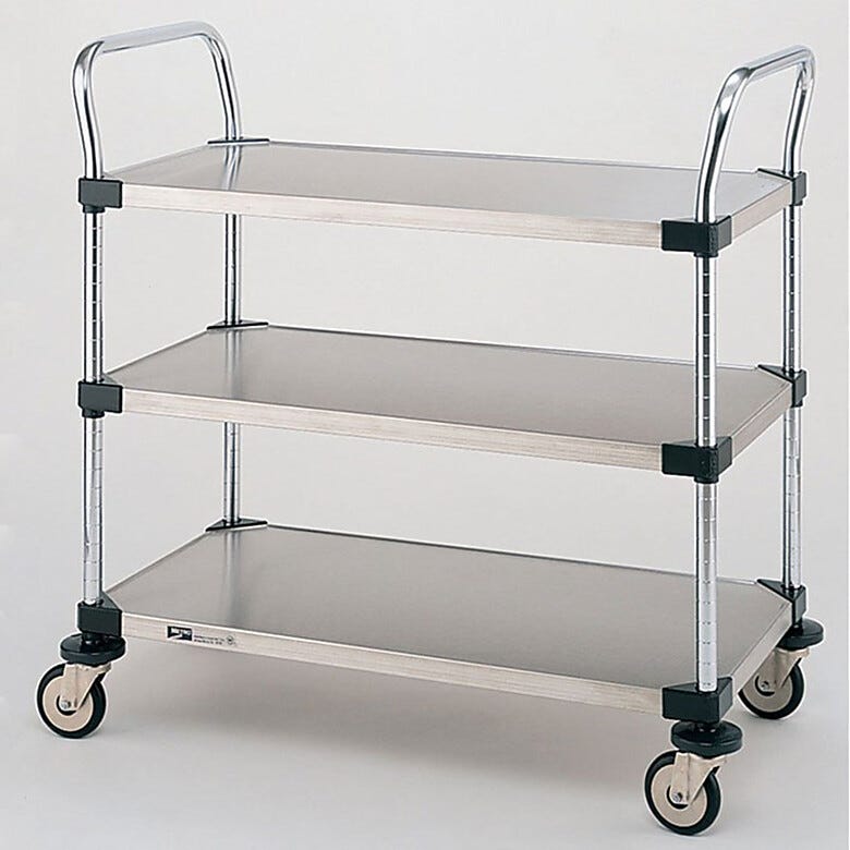 Stainless steel and Chrome Plated Utility Carts by InterMetro includes three solid steel shelves, handles and four casters | 1401-45 displayed