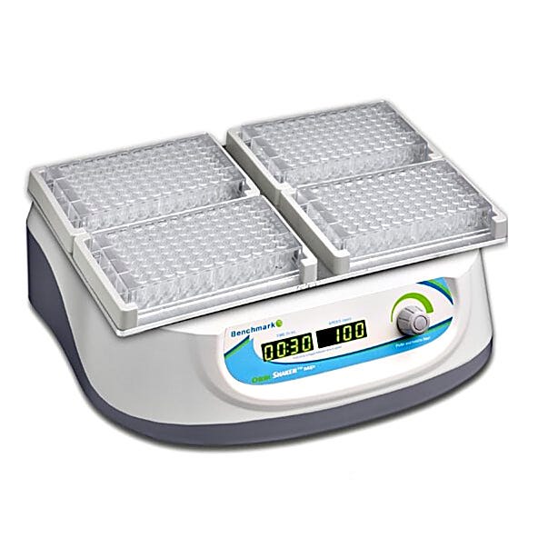 1500 rpm Orbi-Shaker MP Microplate Shaker by Benchmark Scientific with a 3mm orbit for microplates and PCT plates; includes 4-position platform | 2817-11 displayed