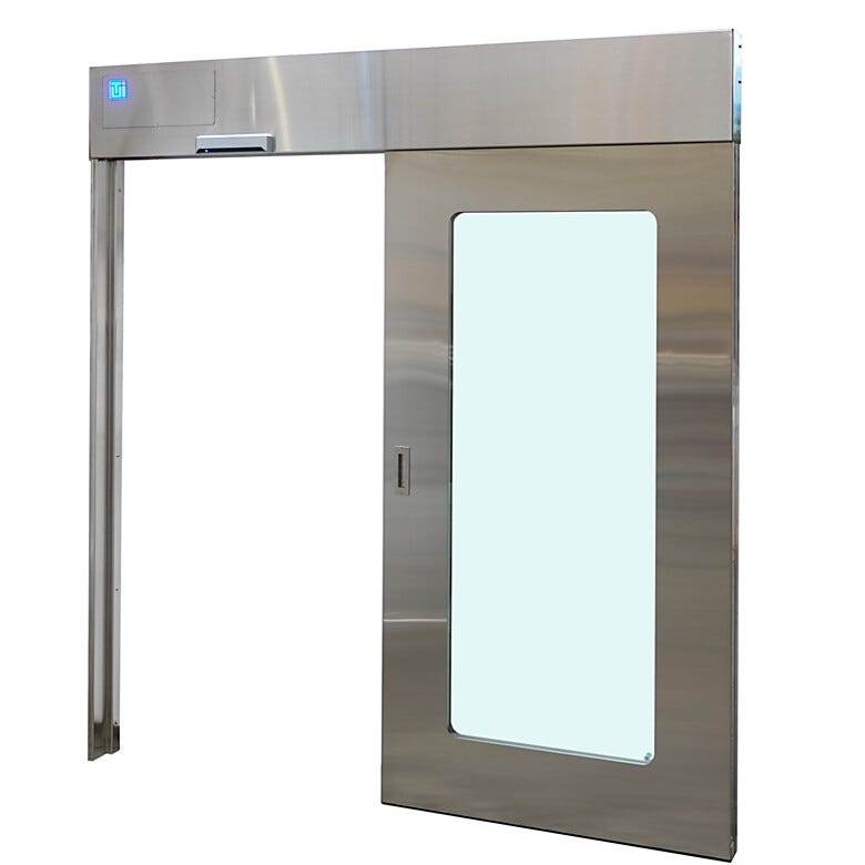 Stainless steel sliding door with recessed track design comes as a complete, ready-to-install unit  |  5555-PP-02 displayed