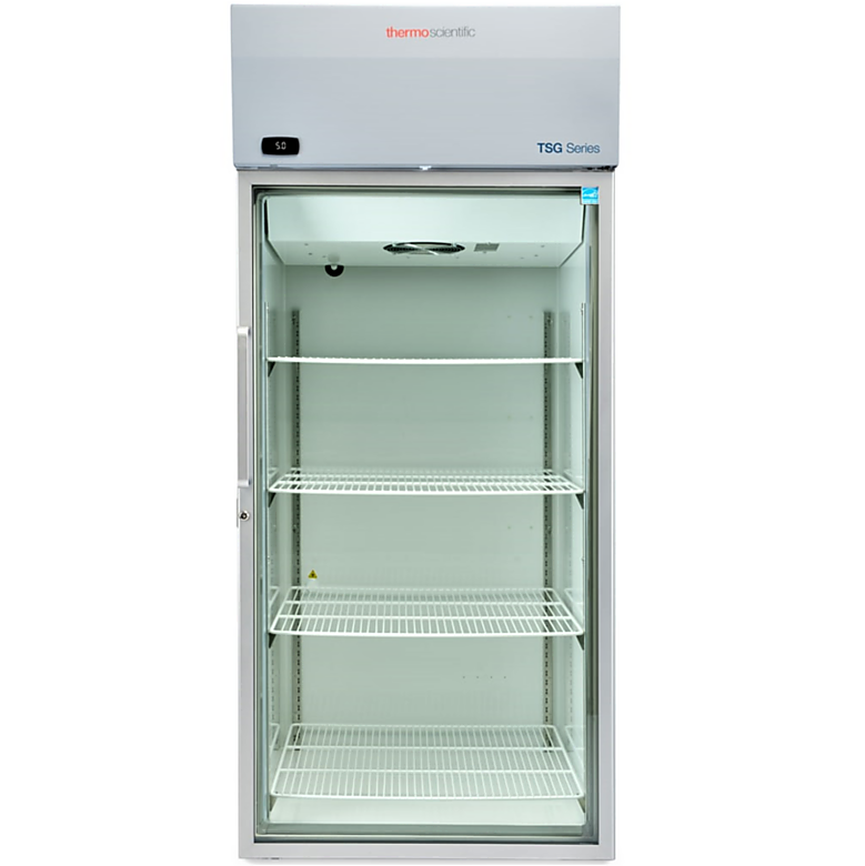 Energy-efficient 29.2 cu. ft. TSG3005GA Glass Door Lab Refrigerator by Thermo Fisher Scientific with a 2–8°C temperature range includes casters and shelves