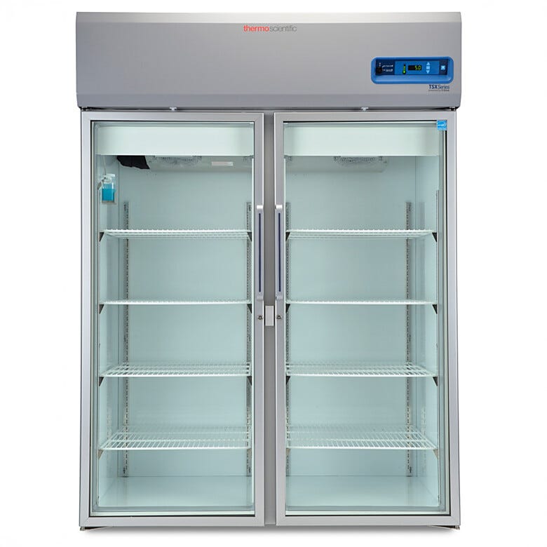 Double-glass door 1447L TSX High-Performance Refrigerator by Thermo Fisher Scientific with 8 shelves and casters; GMP Clean Room Class A/ISO 6 compatible  |  1621-11 displayed